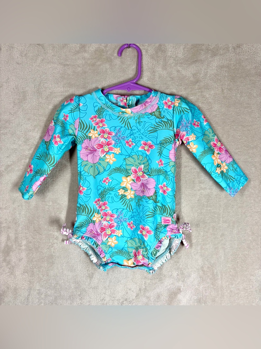 Ruffle Butts Orchard Oasis Long Sleeve Swimsuit 12-18M Blue Tropical Rash Guard